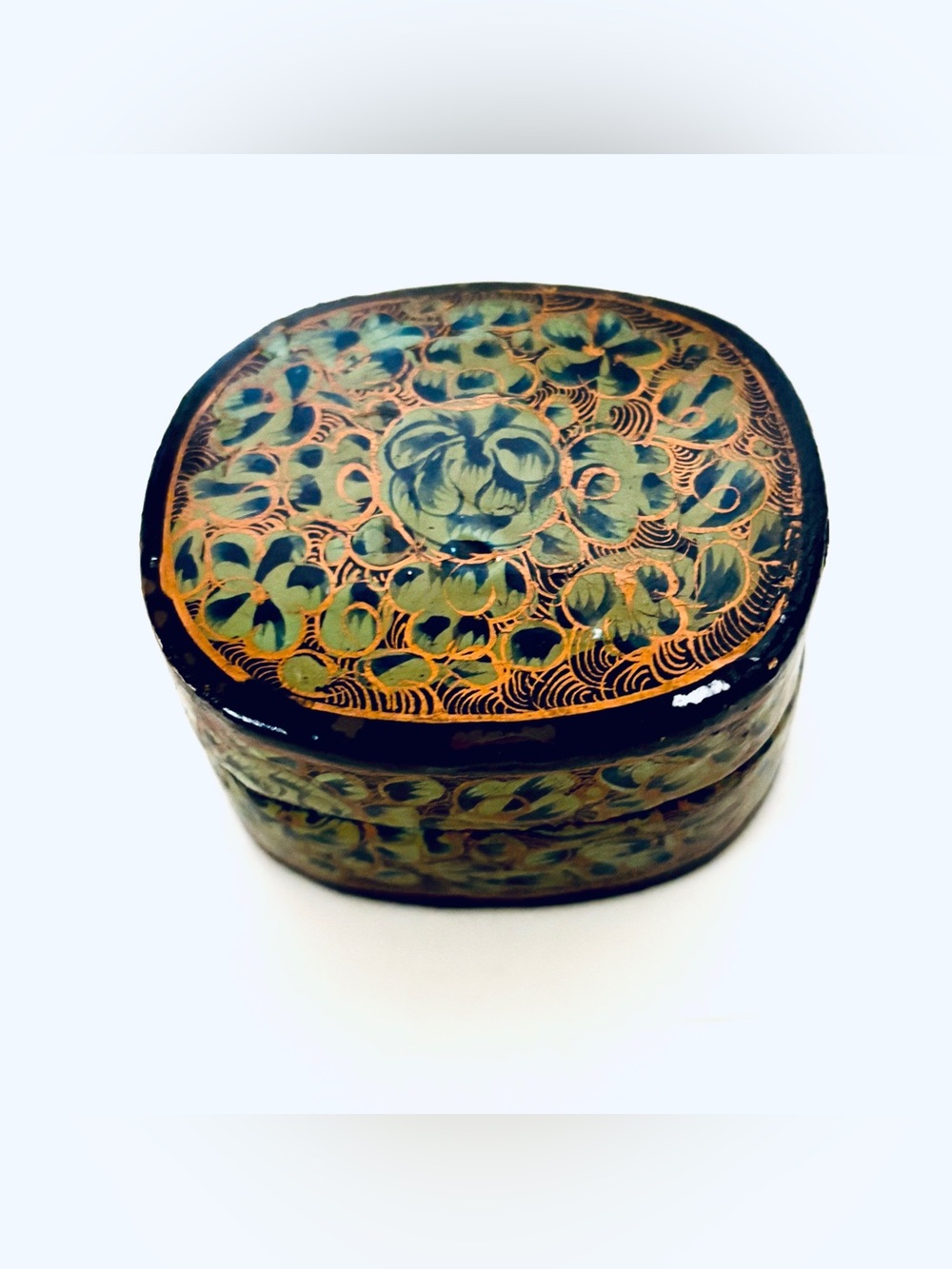 Vintage Kashmiri Papier Mâché Lidded Trinket Box Hand-Painted Gold Green Floral